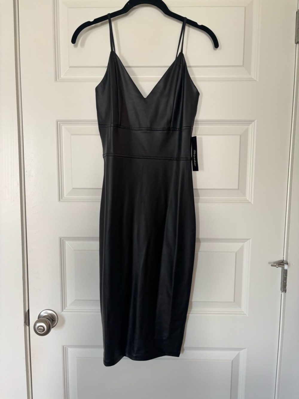 Shinestar Black Faux Leather Midi Slip Dress